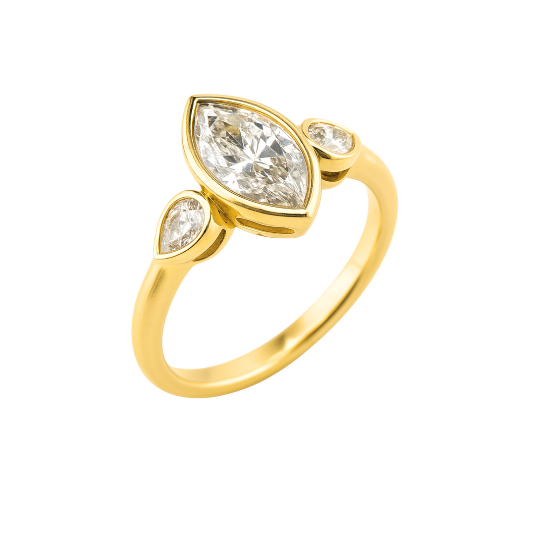 Marquise Lab Grown Diamond Engagement Ring with Pear Accents 3 Stone Bezel Setting in Yellow Gold | Rare Earth Jewelry