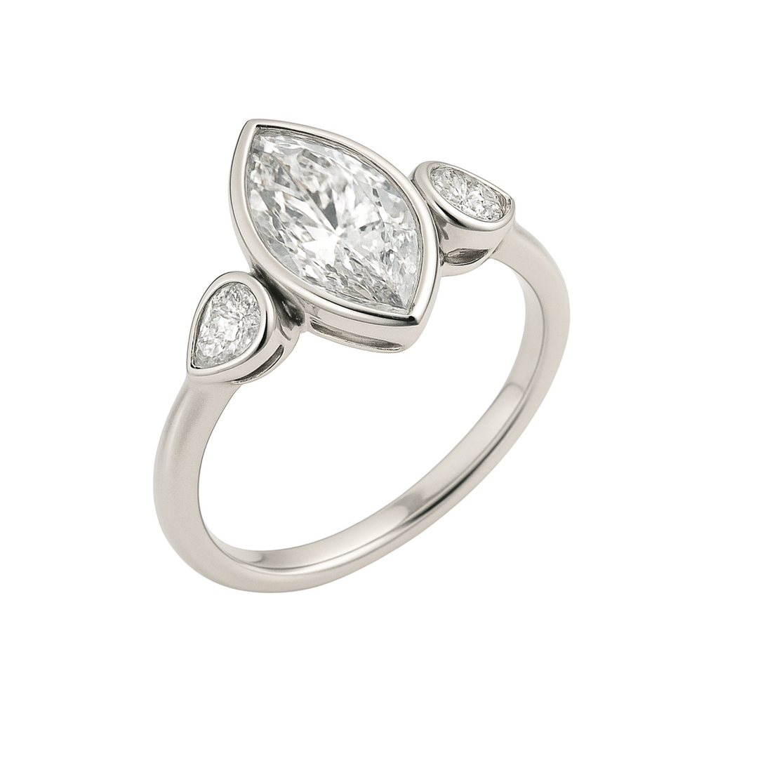 Marquise Lab Diamond Engagement Ring with Pear Accents Three Stone Bezel Setting in White Gold | Rare Earth Jewelry