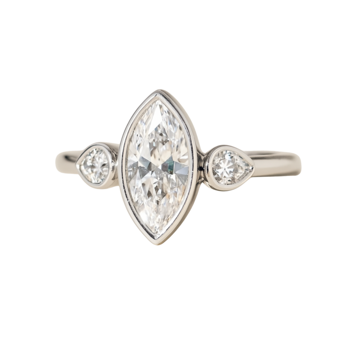 1.5  Carat Marquise Lab Grown Diamond Engagement Ring, 3 Stone Bezel Set Design with Pear Accents in White Gold, IGI Certified  | Rare Earth Jewelry