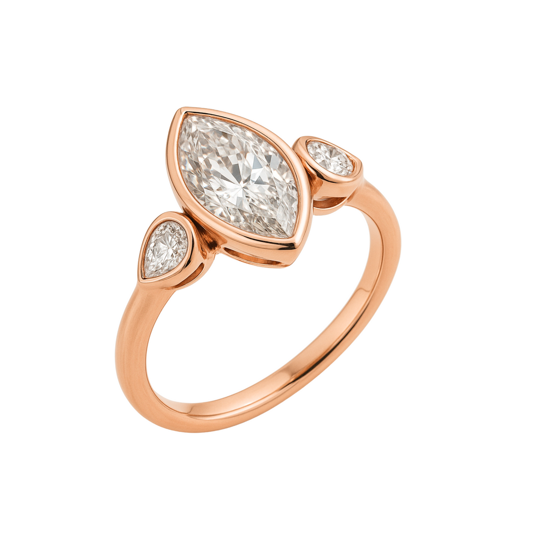 12x6mm Marquise Lab Grown Diamond Engagement Ring with Pear Accents Three Stone Bezel Setting in Rose Gold | Rare Earth Jewelry