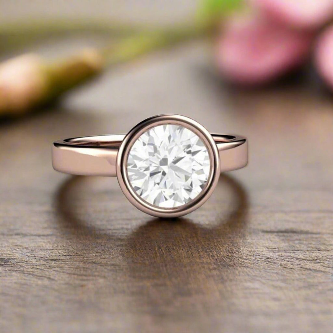 1 Carat Moissanite Solitaire Engagement Ring | Bezel Set Round in 14K or 18K Gold and Platinum, Rare Earth Jewelry