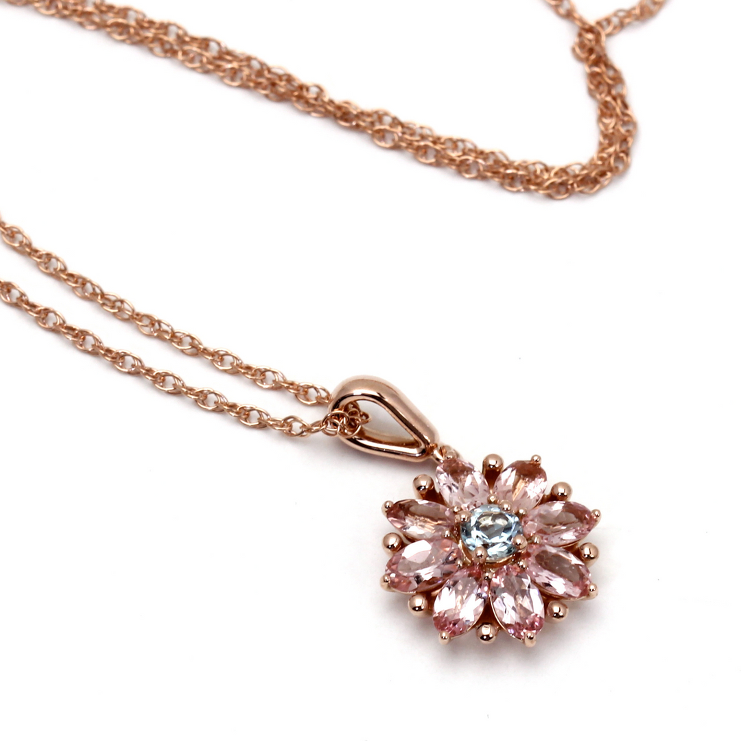 14K Gold Pink Tourmaline and Aquamarine Flower Pendant | Birthstone Necklace, Rare Earth Jewelry