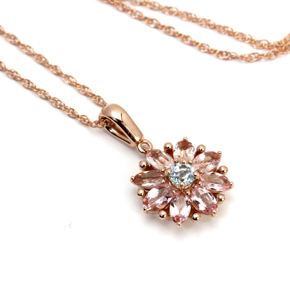14K Gold Pink Tourmaline and Aquamarine Flower Pendant | Birthstone Necklace, Rare Earth Jewelry