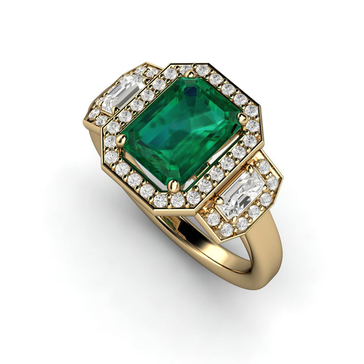 Large Emerald Engagement Ring 3 Stone with Lab Created Diamond Halo, Rare Earth Jewelry