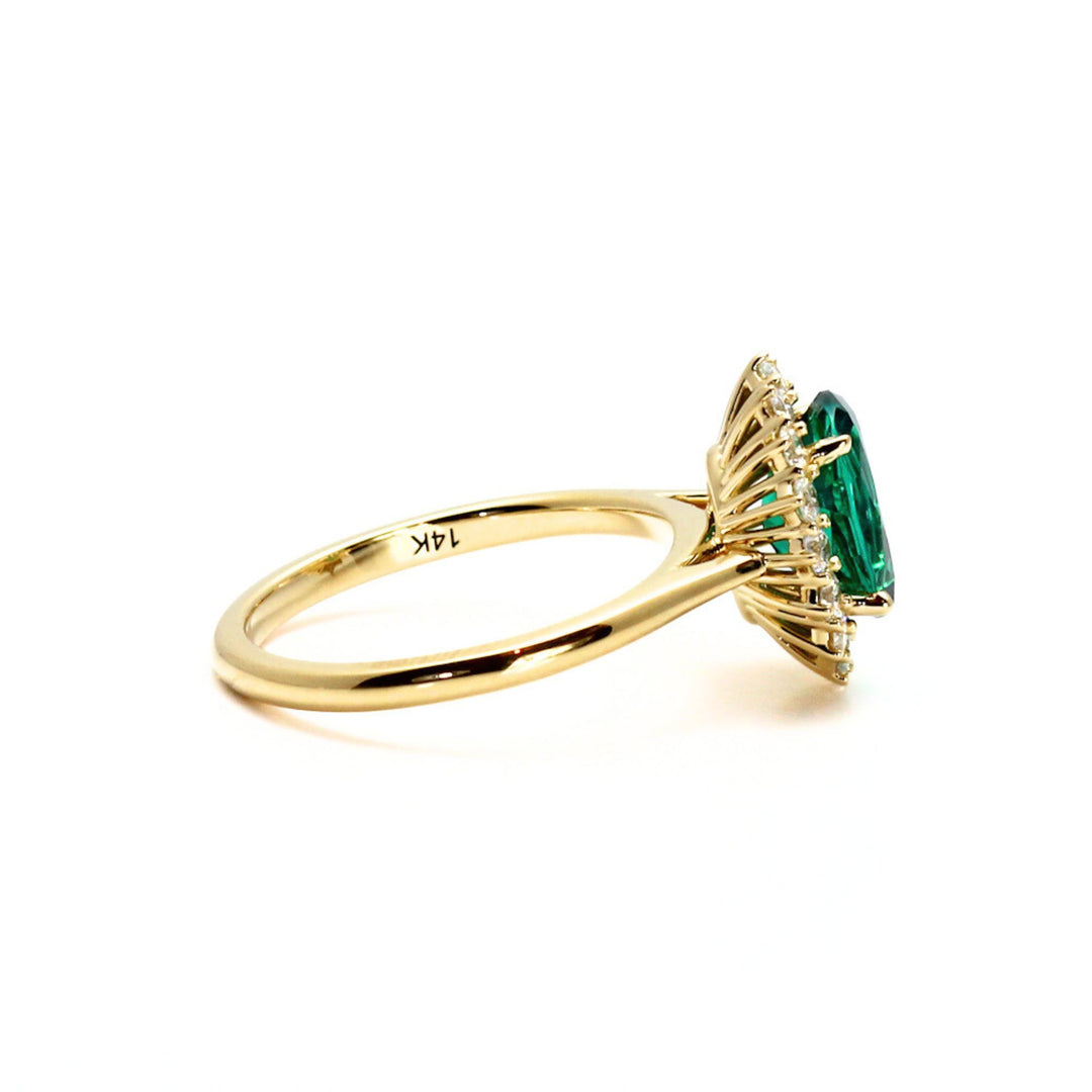Vintage Emerald Engagement Ring Oval Cluster with Diamonds, Rare Earth Jewelry