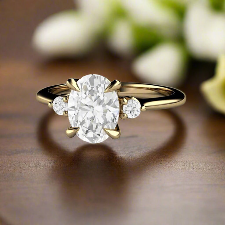 1ct Oval Lab Grown Diamond Engagement Ring 3 Stone Trio Design, Rare Earth Jewelry