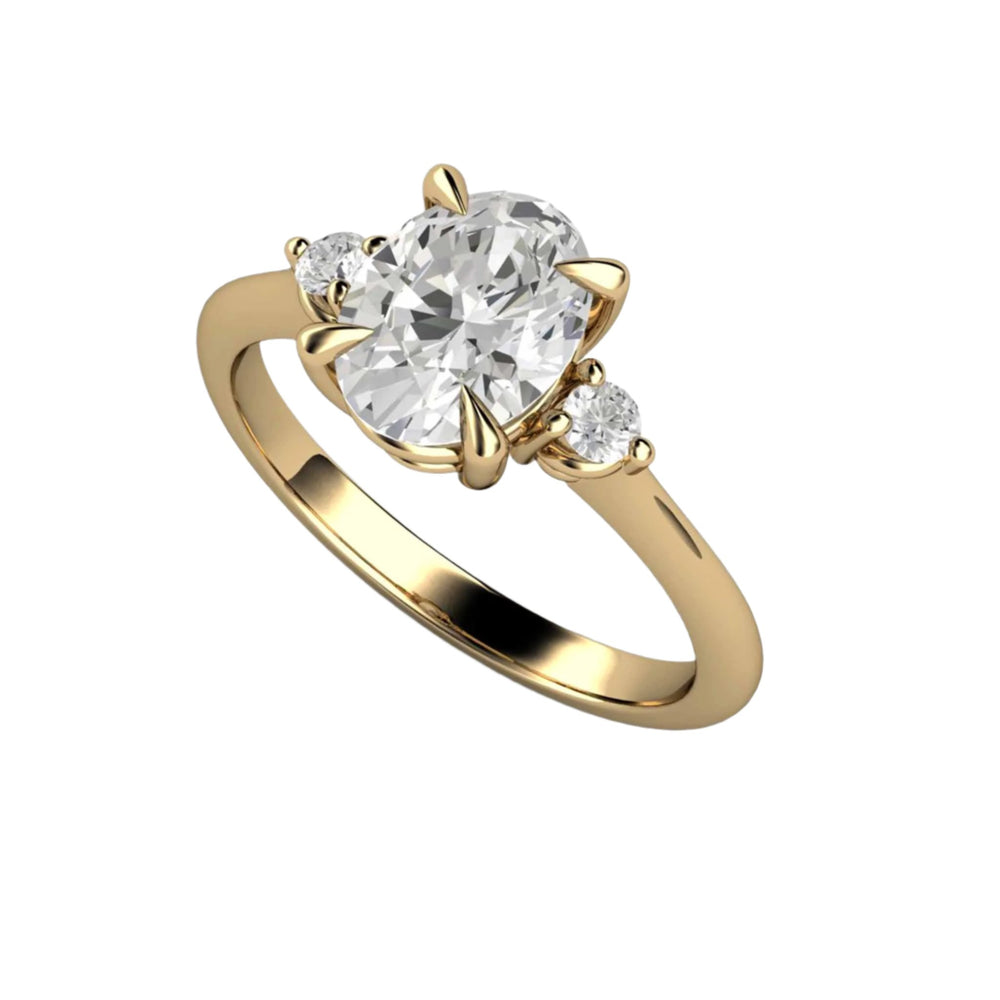 1ct Oval Lab Grown Diamond Engagement Ring, 3 Stone Trio Diamond Ring, 14K Yellow Gold