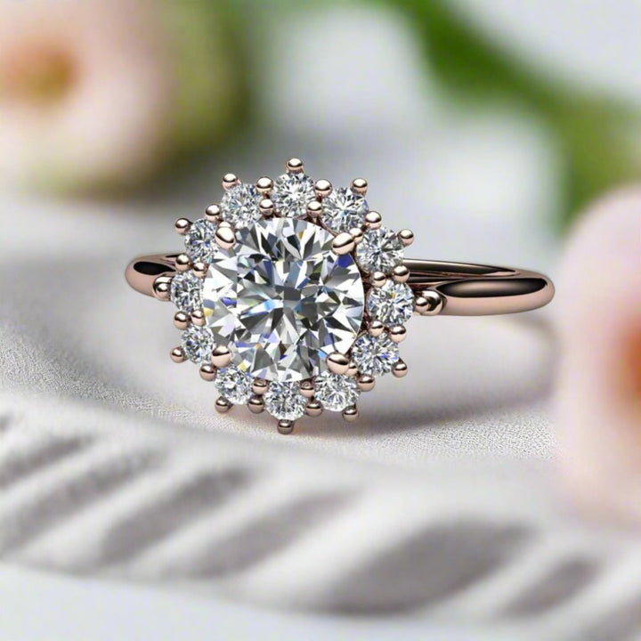 1ct Forever One Moissanite Engagement Ring Vintage Style Halo, Rare Earth Jewelry
