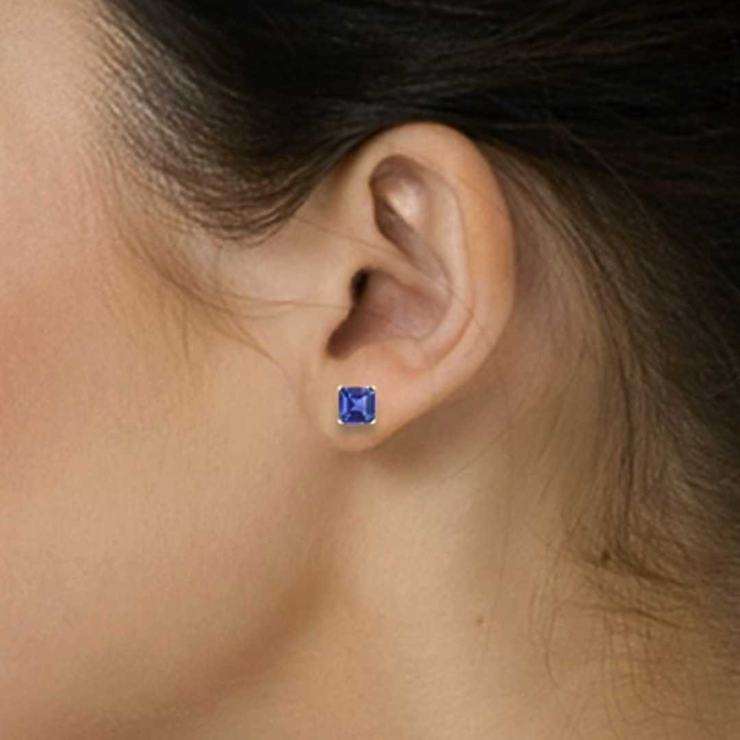 2 Carat Asscher Cut Blue Sapphire Stud Earrings | Natural Ceylon Sapphire Earrings 14K Gold, Rare Earth Jewelry