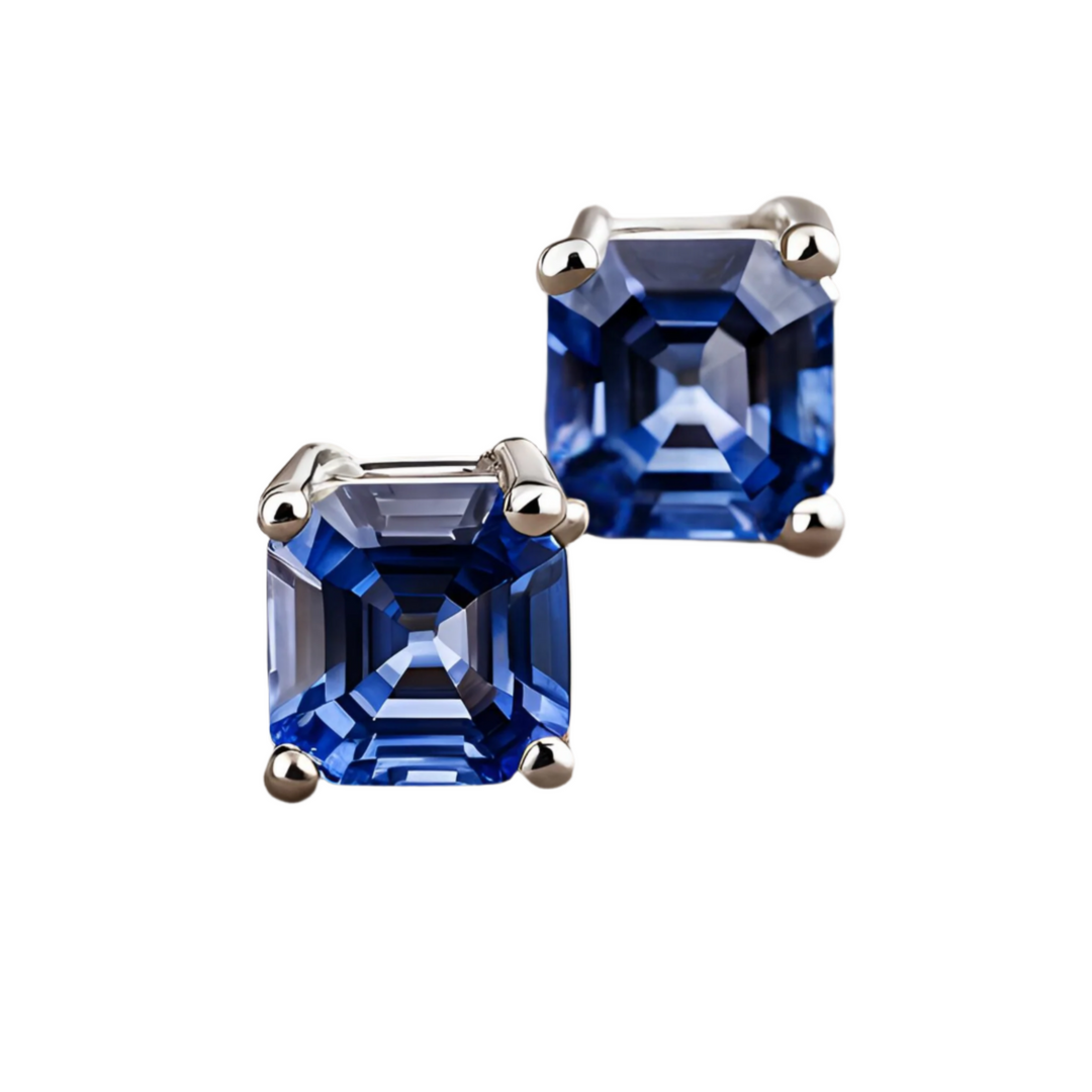 2 Carat Asscher Cut Blue Sapphire Stud Earrings | Natural Ceylon Sapphire Earrings 14K Gold, Rare Earth Jewelry