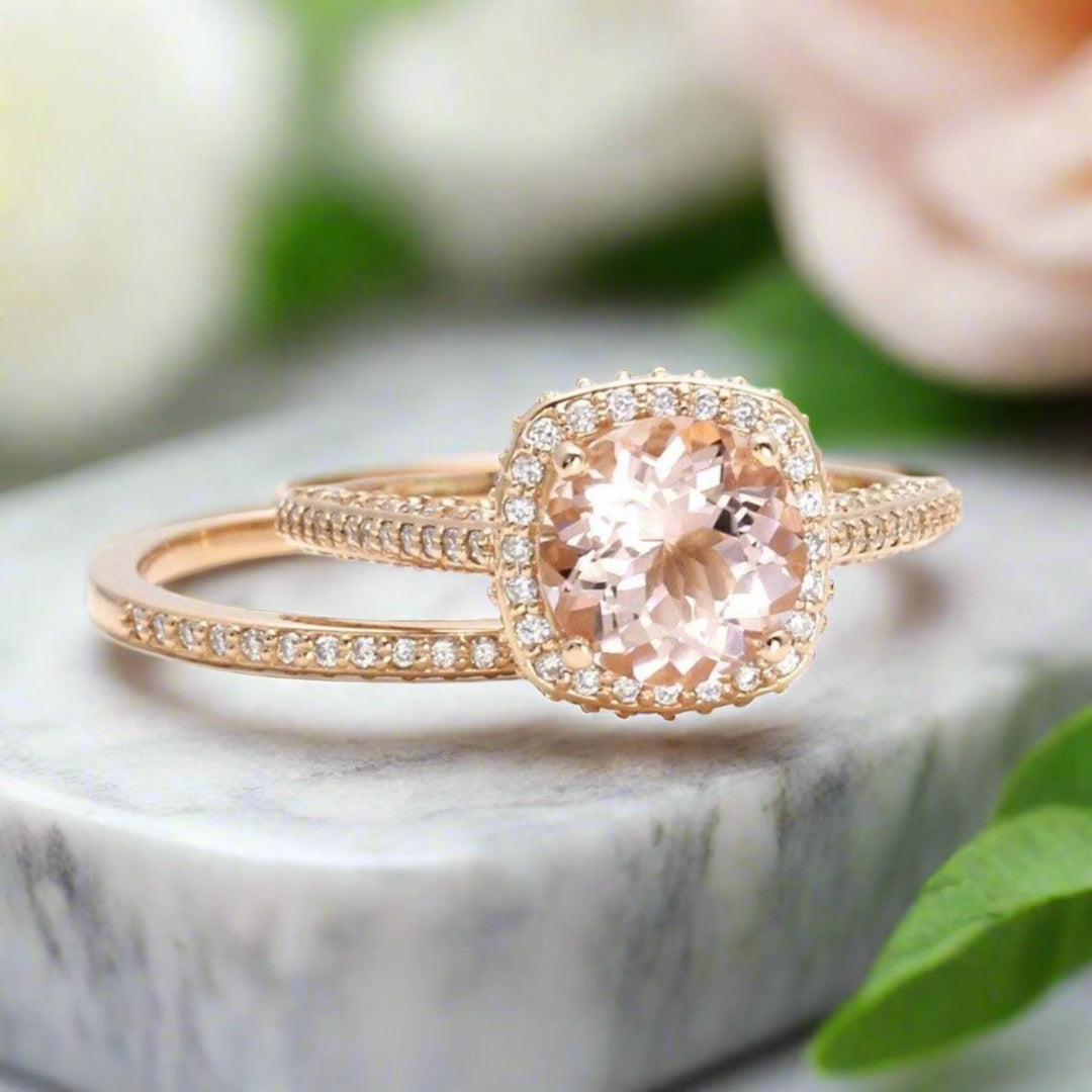 2 Carat Morganite Wedding Set Halo with Pave Diamonds | Natural Morganite Engagement Ring and Diamond Band, Rare Earth Jewelry