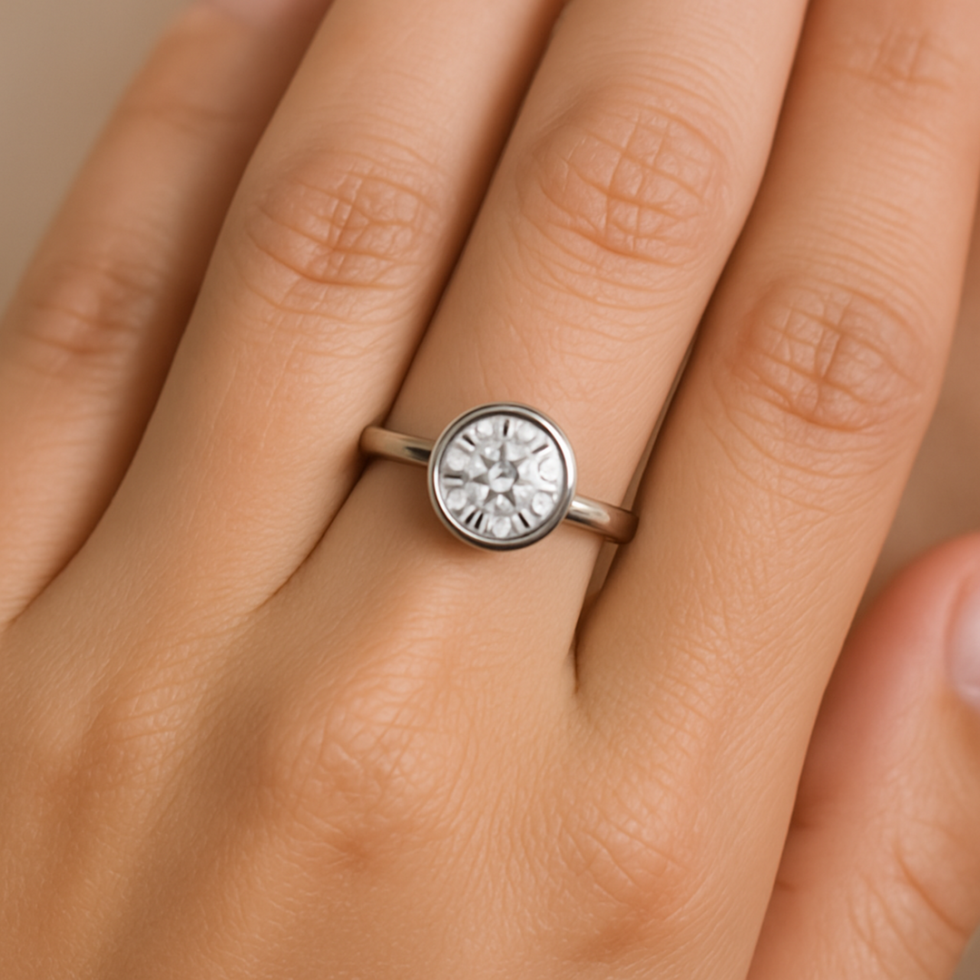 2 Carat Moissanite Bezel Set Engagement Ring on the Hand, 8mm Round Moissanite Solitaire, Low Profile Bezel Setting | Rare Earth Jewelry