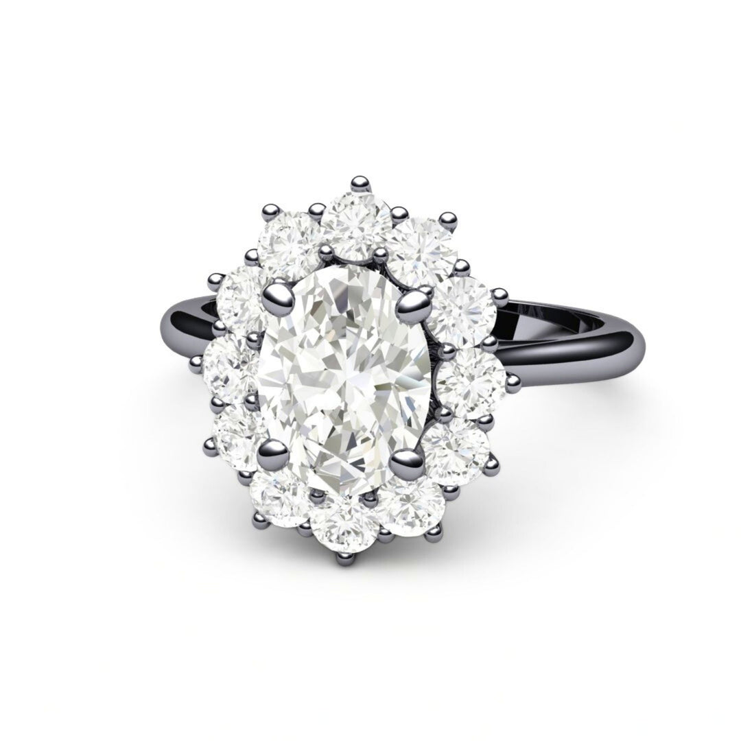 Oval Moissanite Engagement Ring | Vintage Halo Forever One Moissanite, Rare Earth Jewelry