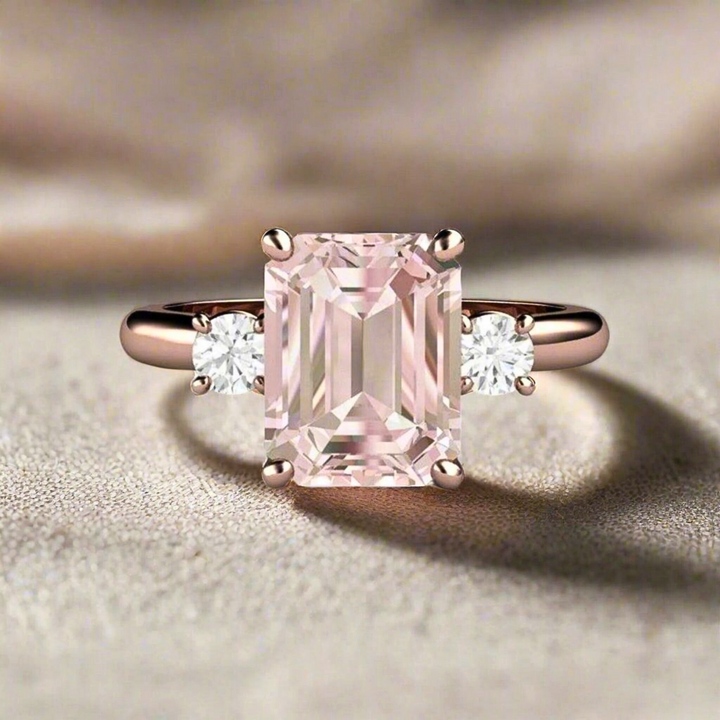 2ct Emerald Cut Pink Morganite Engagement Ring | 3 Stone Diamond Setting, Rare Earth Jewelry