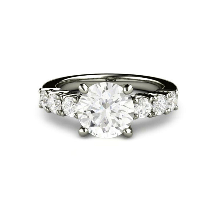Round Moissanite Engagement Ring with Moissanite Accents on Band, Classic Solitaire in Platinum
