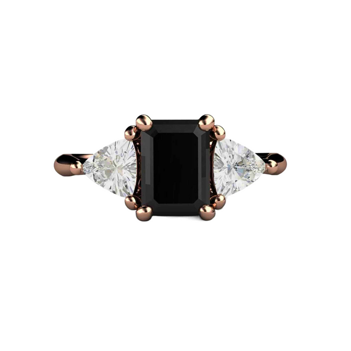 3 Stone Black Spinel Engagement Ring | Emerald Cut with White Sapphire Accents, Rare Earth Jewelry
