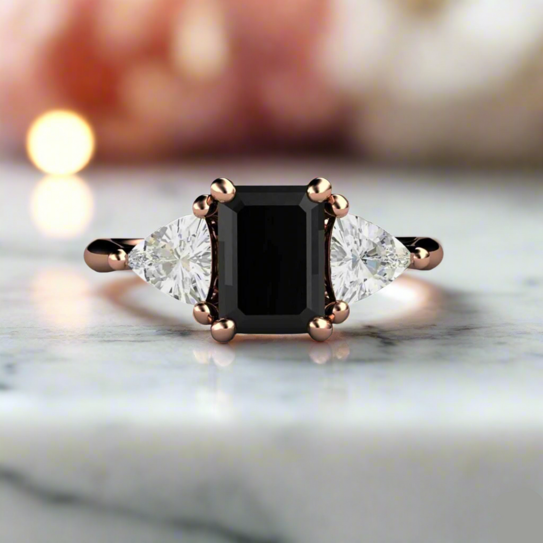 3 Stone Black Spinel Engagement Ring | Emerald Cut with White Sapphire Accents, Rare Earth Jewelry