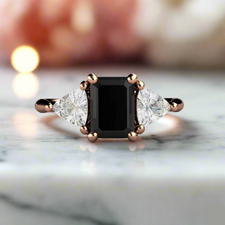 3 Stone Black Spinel Engagement Ring | Emerald Cut with White Sapphire Accents, Rare Earth Jewelry