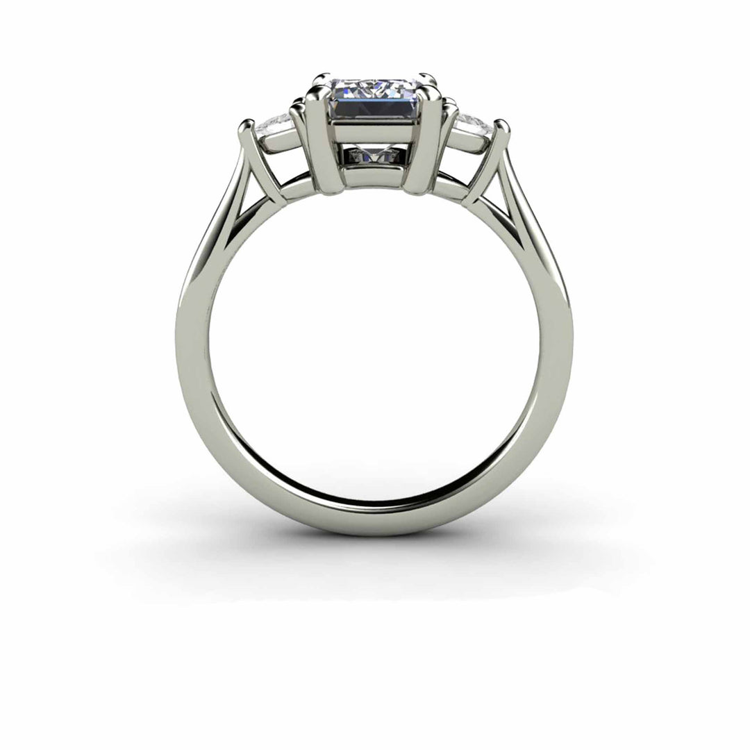 Gray Moissanite Engagement Ring Emerald Cut 3 Stone with Trillions, Rare Earth Jewelry