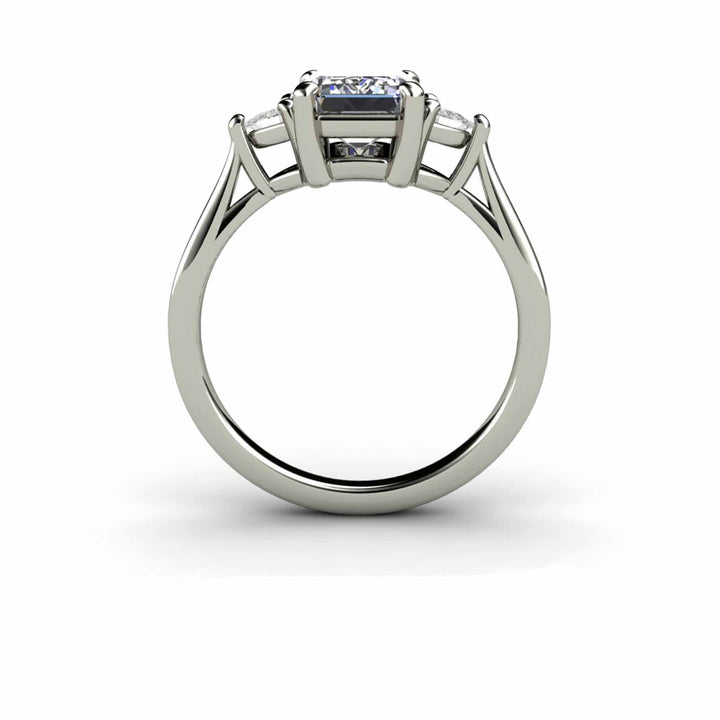 Gray Moissanite Engagement Ring Emerald Cut 3 Stone with Trillions, Rare Earth Jewelry