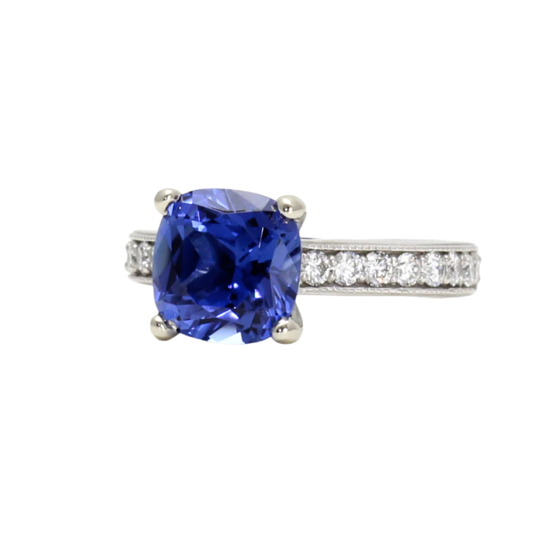 A Royal Blue Sapphire Cushion Cut Ring, 3 Carat Sapphire and Diamond Ring in Gold or Platinum, September Birthstone Ring | Rare Earth Jewelry
