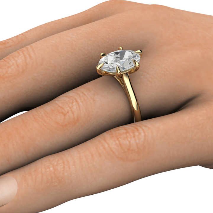 3ct oval diamond engagement ring on the finger, elongated oval lab created diamond solitaire