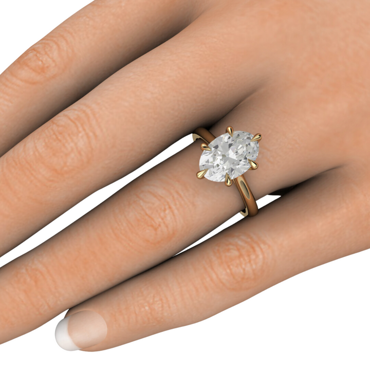 3 Carat Elongated Oval Lab Grown Diamond Engagement Ring, 6 Prong Solitaire on the Hand