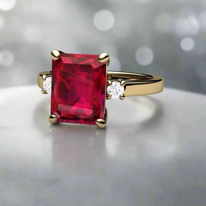 Three Stone Ruby Engagement Ring, Emerald Cut Ruby Ring, Diamond Accents
