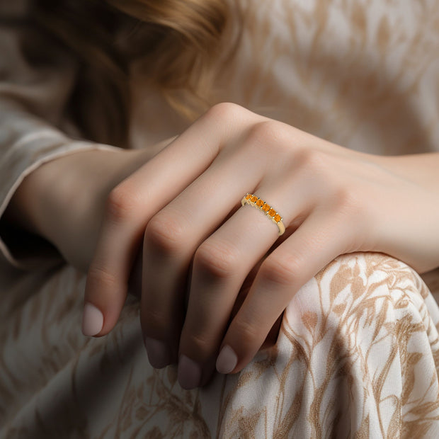 6 stone square citrine band, stackable ring on the hand.