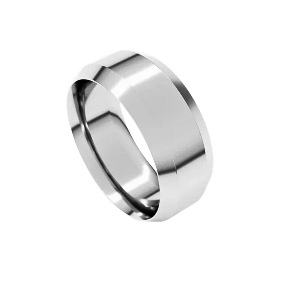 8mm Beveled Edge Wedding Band | 14K Gold Comfort Fit Wedding Ring for Men & Women, Rare Earth Jewelry