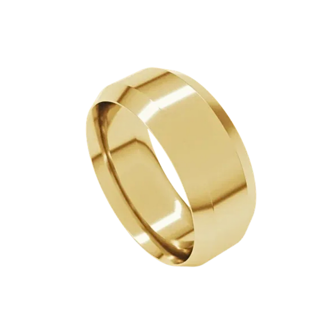 8mm Beveled Edge Wedding Band | 14K Gold Comfort Fit Wedding Ring for Men & Women, Rare Earth Jewelry