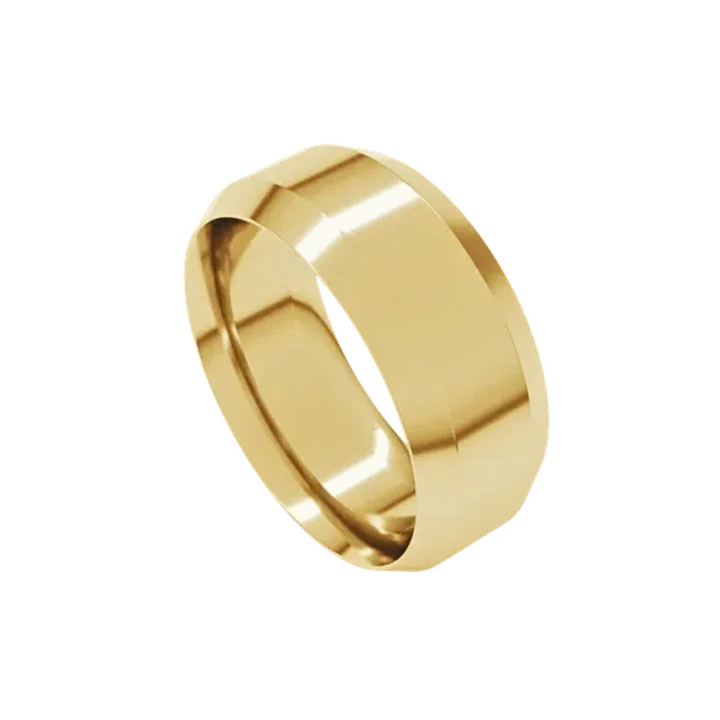 8mm Beveled Edge Wedding Band | 14K Gold Comfort Fit Wedding Ring for Men & Women, Rare Earth Jewelry