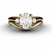 8x6 Oval Diamond Wedding Set 3 Stone Engagement Ring and Matching Band in a Dainty, Feminine Design in 14K Yellow Gold