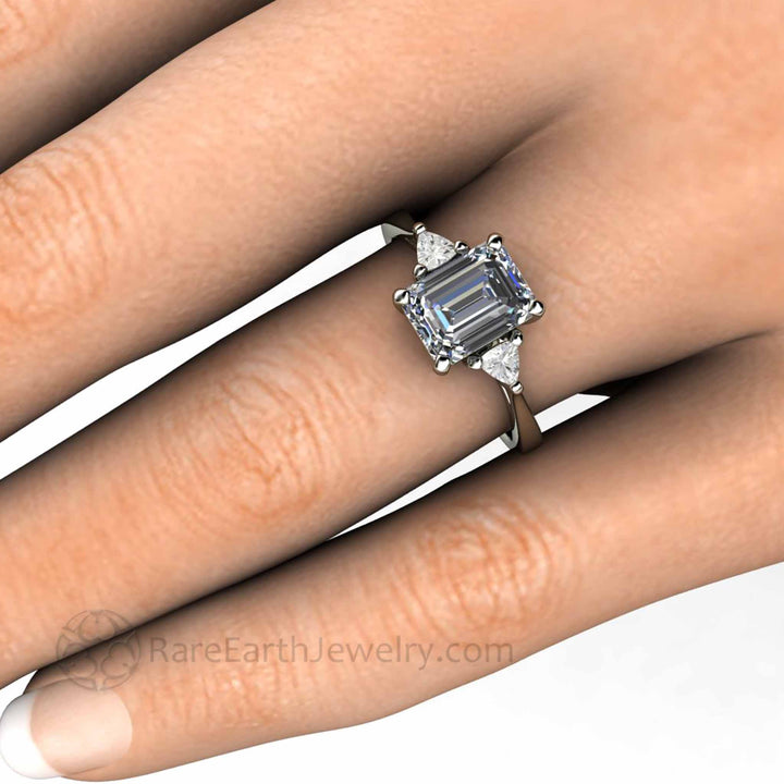 Gray Moissanite Engagement Ring Emerald Cut 3 Stone with Trillions, Rare Earth Jewelry