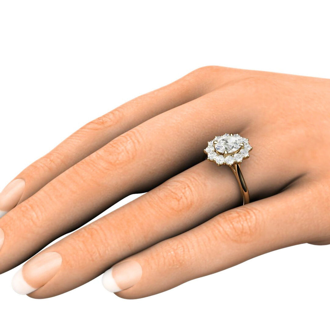 Oval Moissanite Engagement Ring | Vintage Halo Forever One Moissanite, Rare Earth Jewelry
