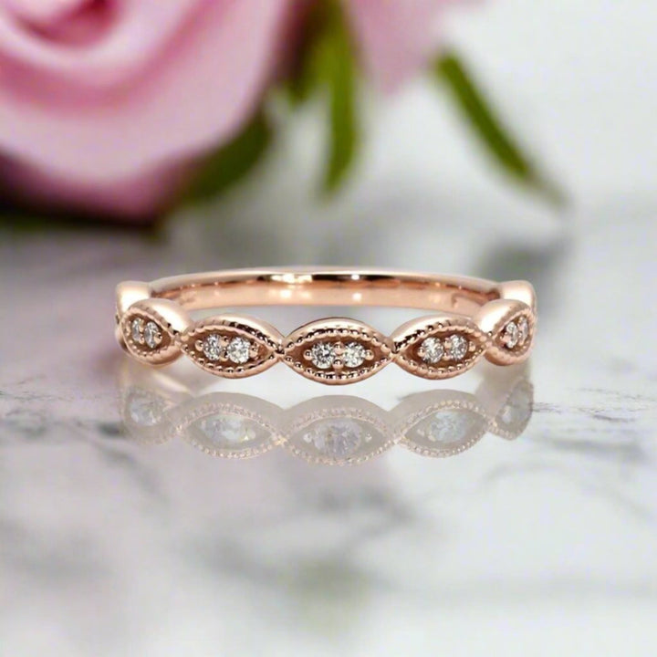 Antique Style Diamond Band | Scalloped Wedding Ring with Milgrain Edge in Gold or Platinum, Rare Earth Jewelry