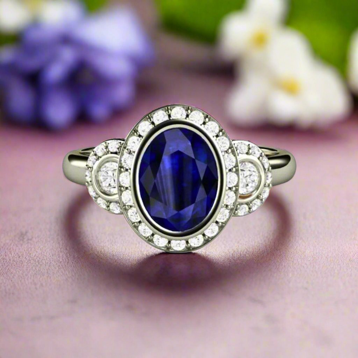 Antique Style Oval Blue Sapphire Engagement Ring | Bezel Set Sapphire Ring with Diamond Halo, Rare Earth Jewelry
