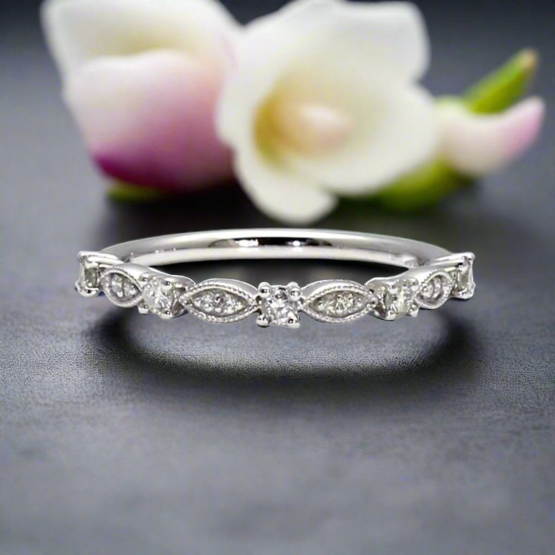 Antique Style Diamond Band | Milgrain Wedding or Stacking Ring in Gold or Platinum, Rare Earth Jewelry
