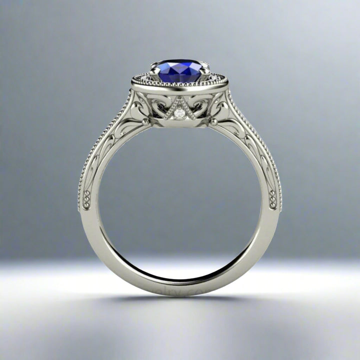 Art Deco Blue Sapphire Engagement Ring | Oval Halo with Filigree and Diamonds, Rare Earth Jewelry