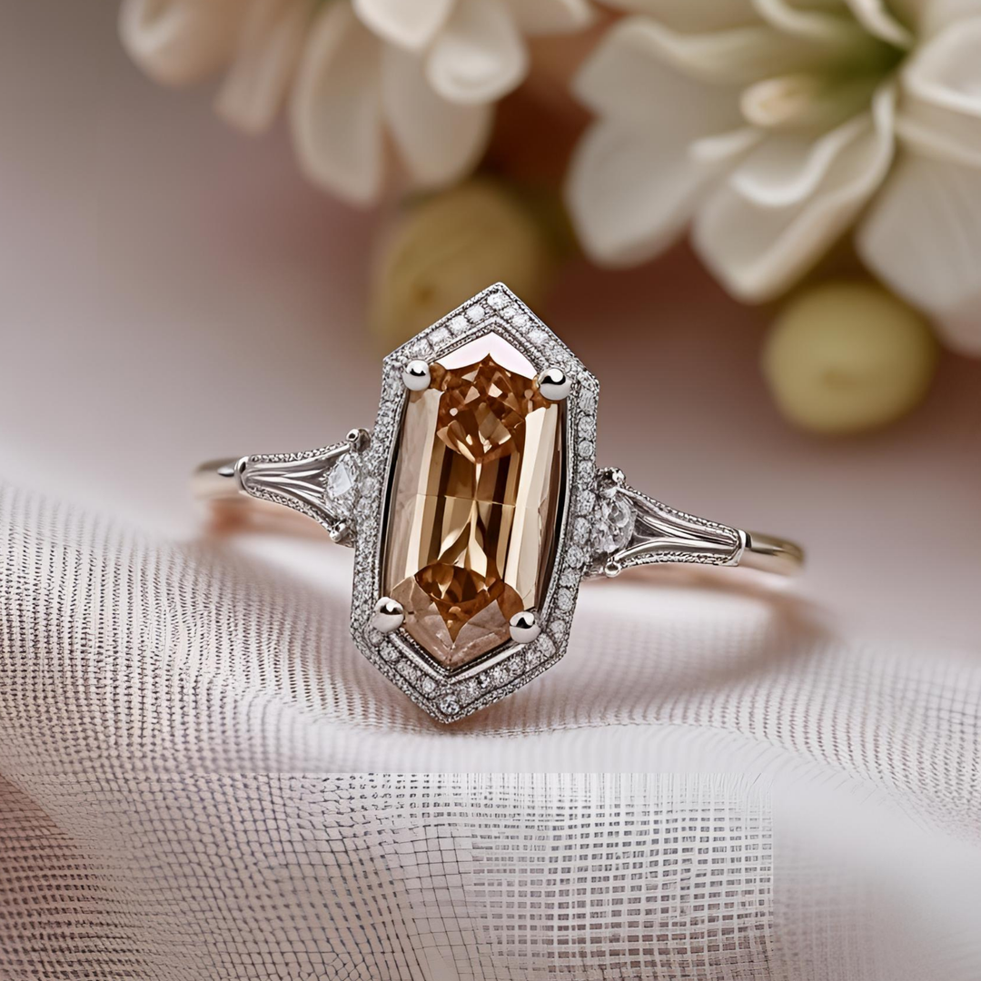 Morganite ring with custom cut hexagon, diamond halo, and intricate Art Deco and Edwardian inspired design. Unique Custom Engagement Rings | Rare Earth Jewelry