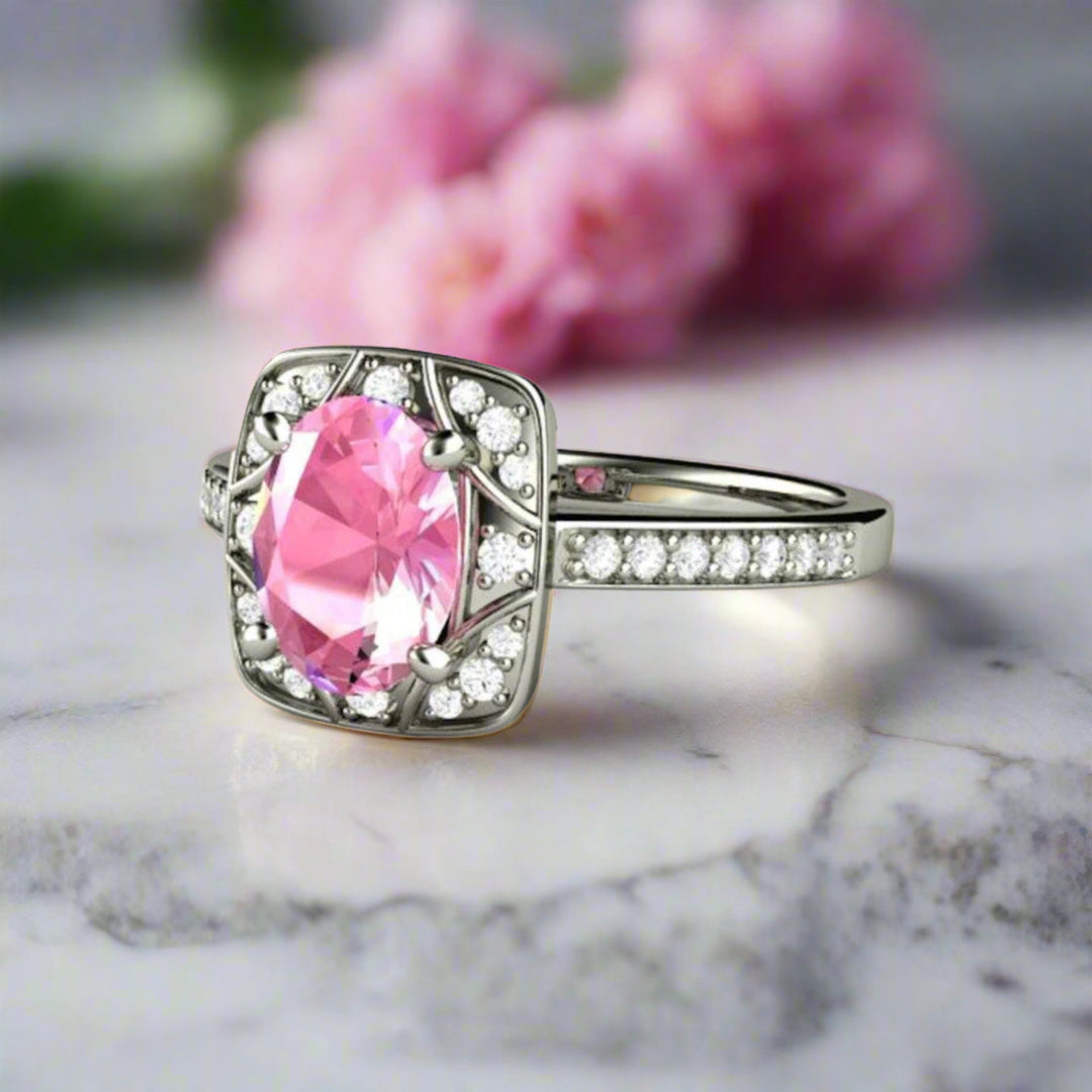 Antique Oval Pink Sapphire Engagement Ring, Art Deco Style Pink Sapphire Ring with Diamond Accents | Rare Earth Jewelry