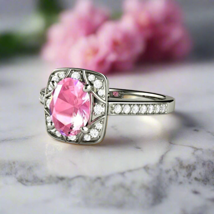 Antique Oval Pink Sapphire Engagement Ring, Art Deco Style Pink Sapphire Ring with Diamond Accents | Rare Earth Jewelry