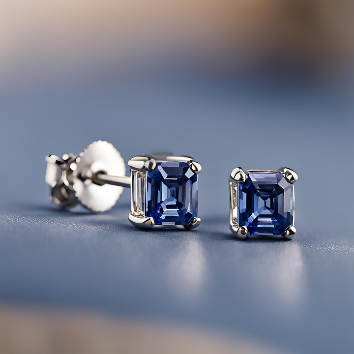 2 Carat Asscher Cut Blue Sapphire Stud Earrings | Natural Ceylon Sapphire Earrings 14K Gold, Rare Earth Jewelry