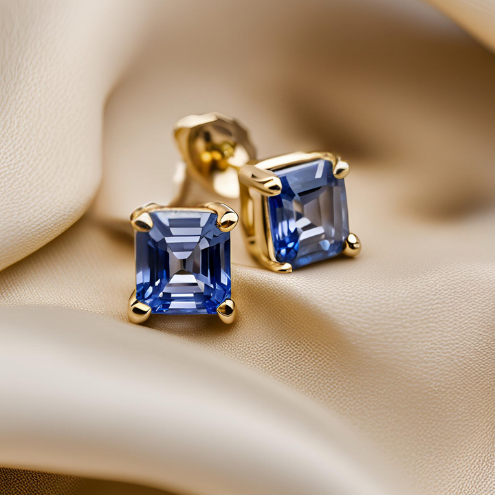 2 Carat Asscher Cut Blue Sapphire Stud Earrings | Natural Ceylon Sapphire Earrings 14K Gold, Rare Earth Jewelry