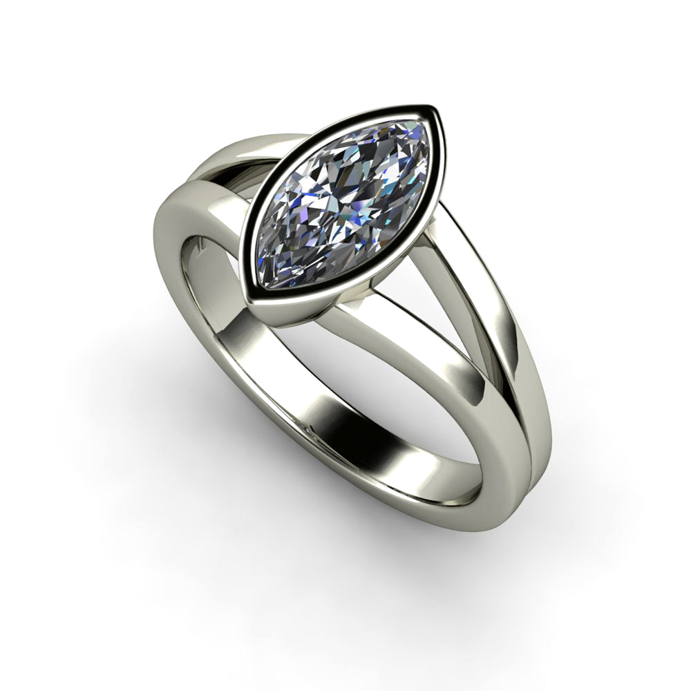 Marquise Cut Moissanite Engagement Ring | Bezel Set Split Shank Solitaire, Rare Earth Jewelry