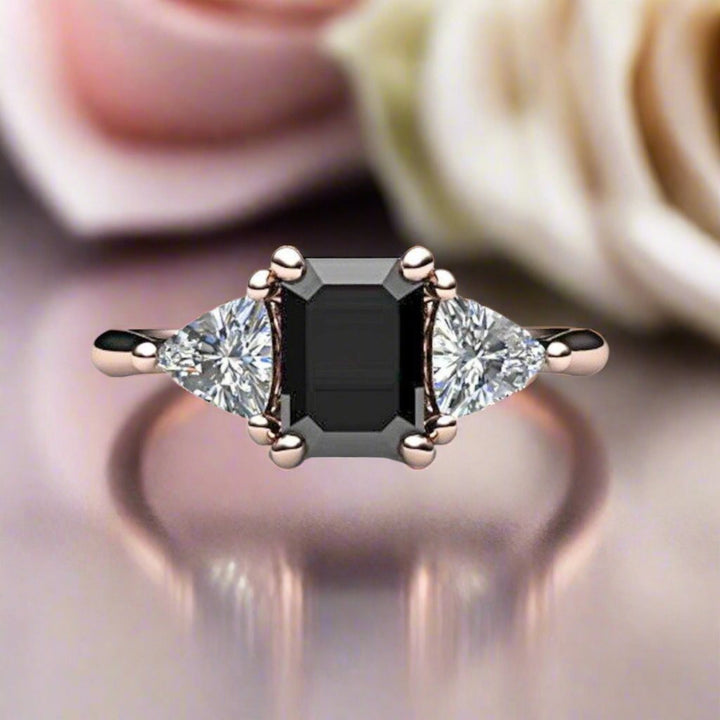 Black Diamond Engagement Ring 3 Stone with Diamond Trillions, Rare Earth Jewelry
