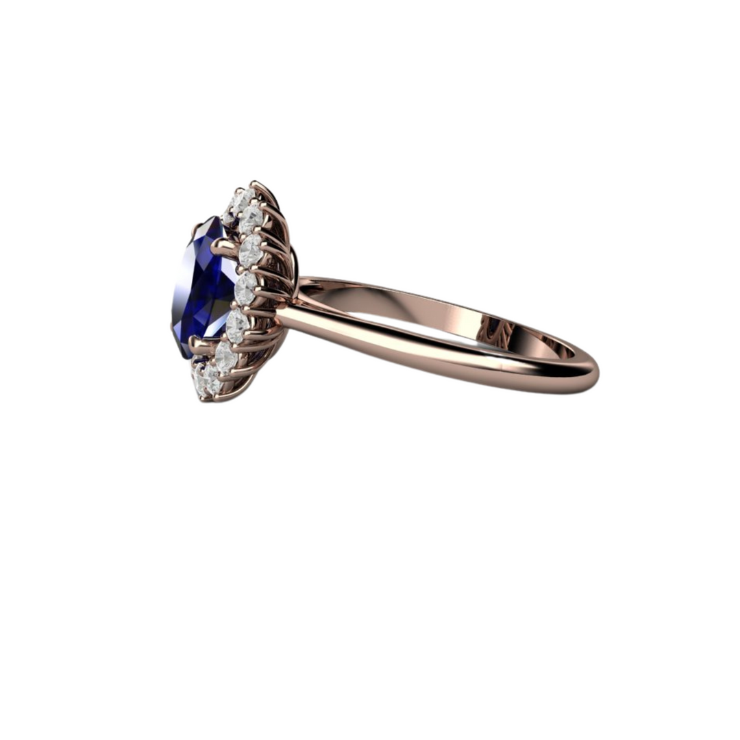 Blue Sapphire Engagement Ring Diamond Halo Oval Cluster, Rare Earth Jewelry