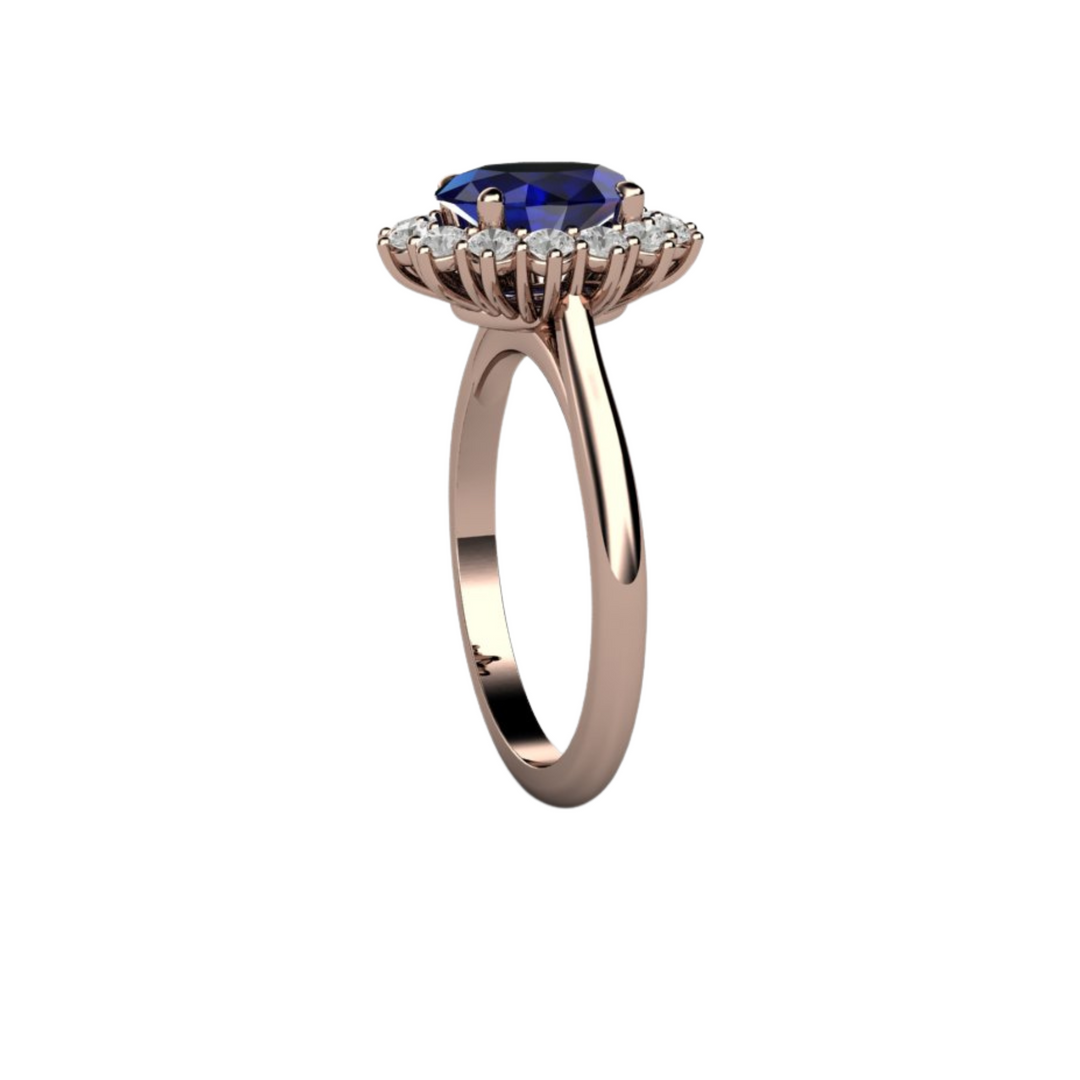 Blue Sapphire Engagement Ring Diamond Halo Oval Cluster, Rare Earth Jewelry
