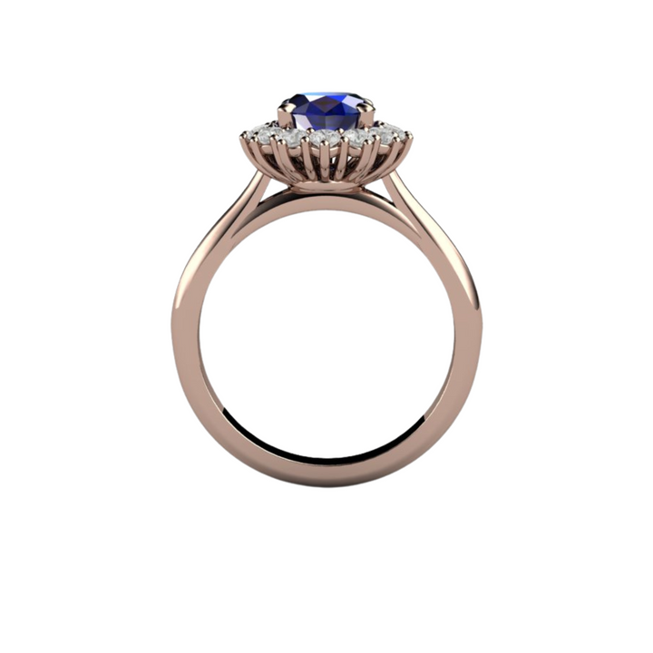 Blue Sapphire Engagement Ring Diamond Halo Oval Cluster, Rare Earth Jewelry