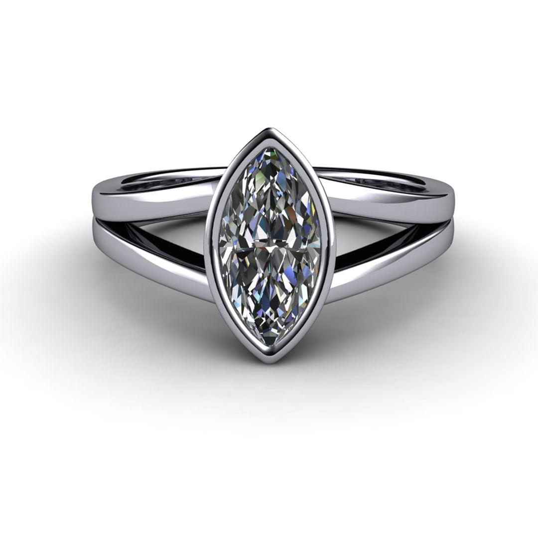 Marquise Cut Moissanite Engagement Ring | Bezel Set Split Shank Solitaire, Rare Earth Jewelry